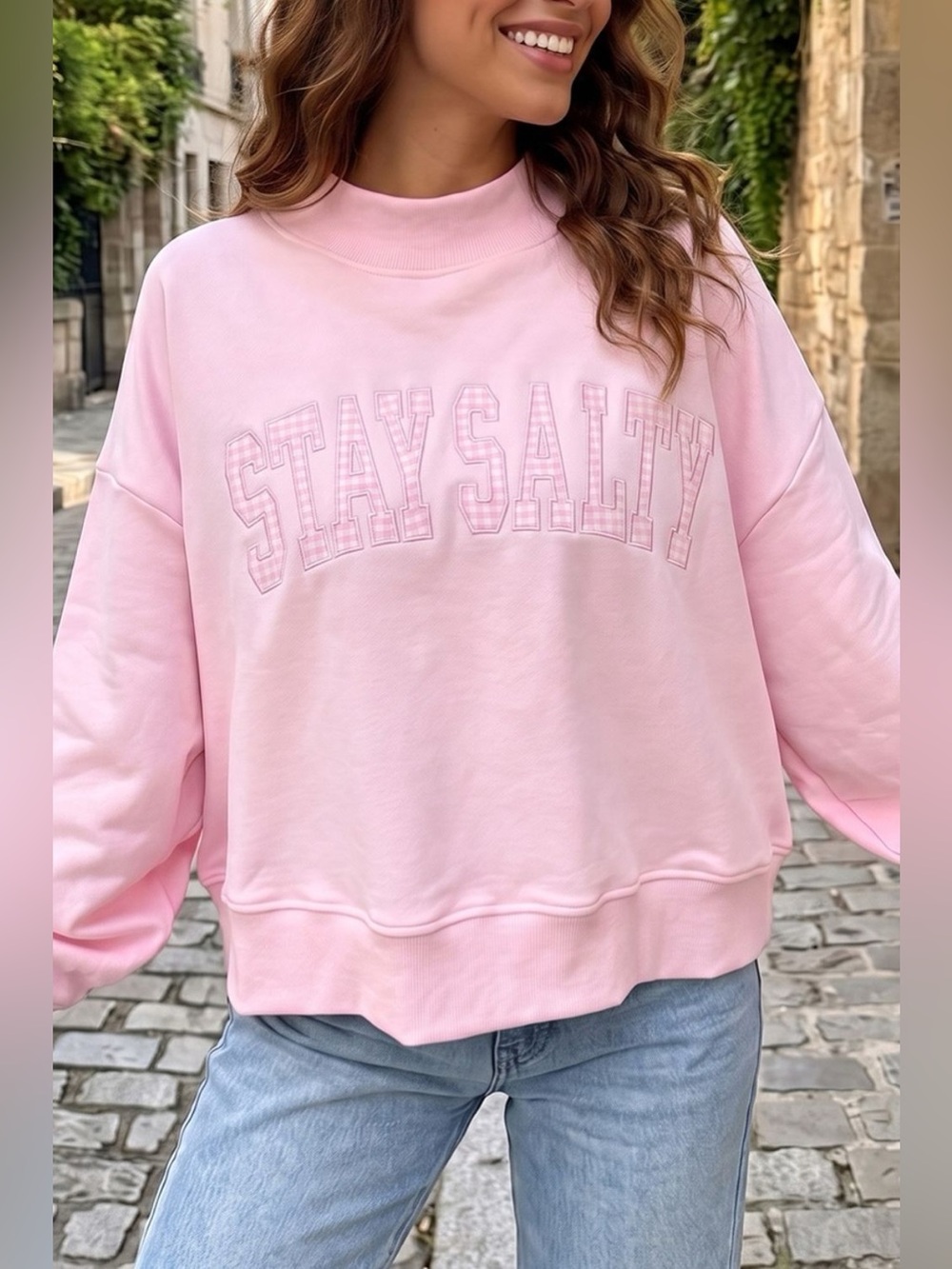 Embroidered Long Sleeve Stand Neck Shift Pullover Sweatshirt